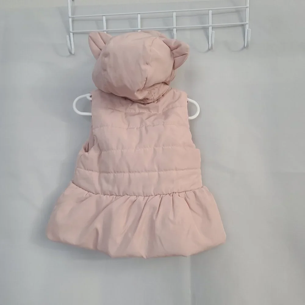 H&M Girls Sz 9-12 Months Blush Pink Ruffle Kitten Hooded Ears Peplum Puffer Vest